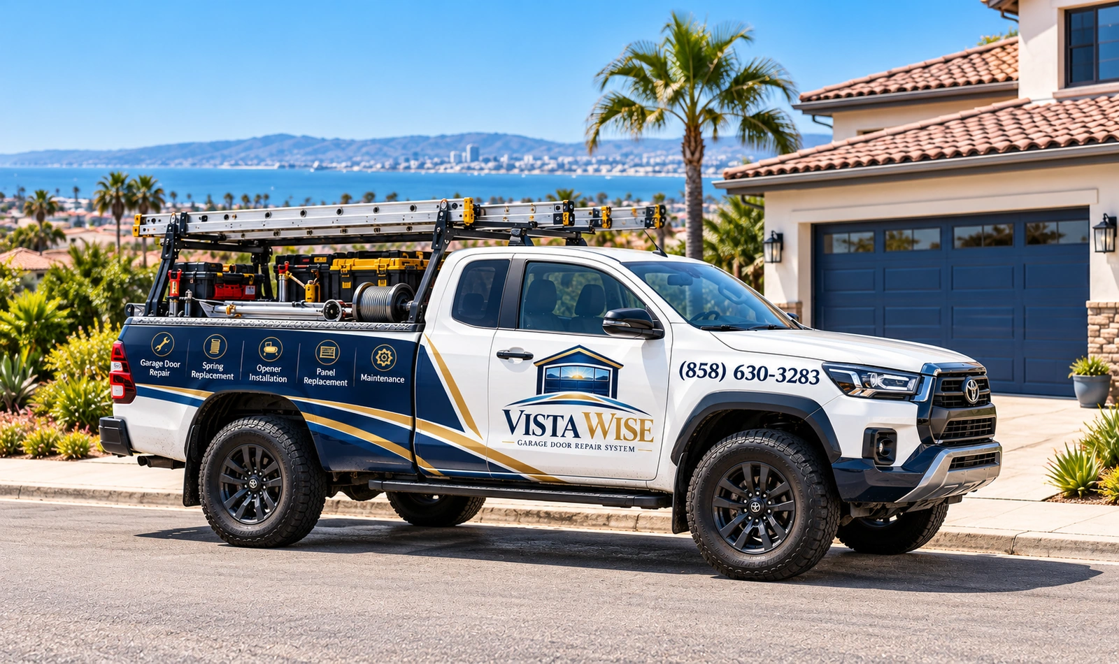 Vista Wise branded open bed garage door service truck parked in a Chula Vista neighborhood